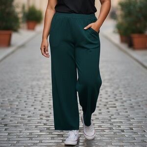 WYNNE LAYERS (1X) Sweater Knit Wide-Leg Pants Pockets Pull-On Soft Dark Teal NEW